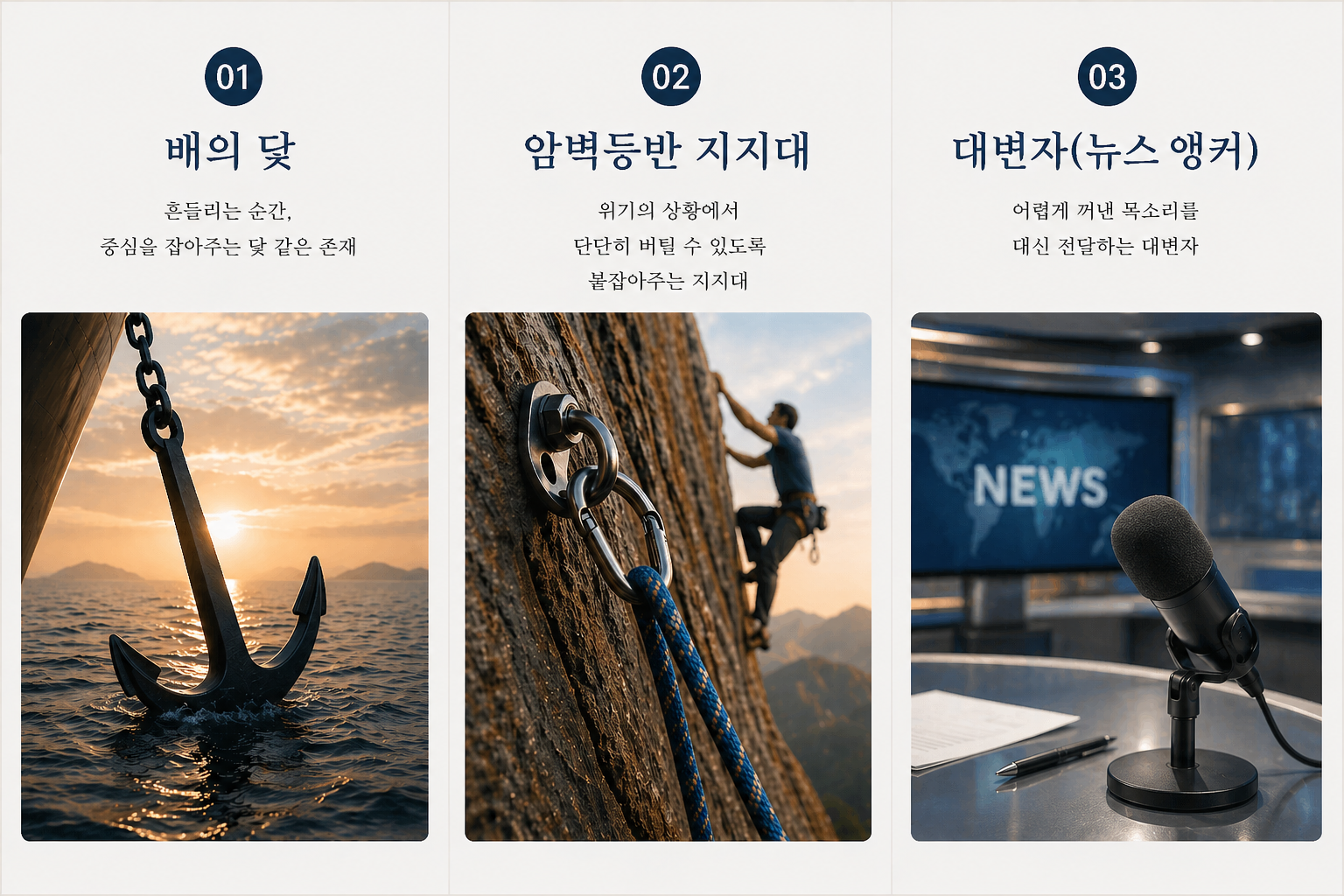 앵커의 세 가지 의미 — 배의 닻, 암벽등반 지지대, 대변자(뉴스 앵커)