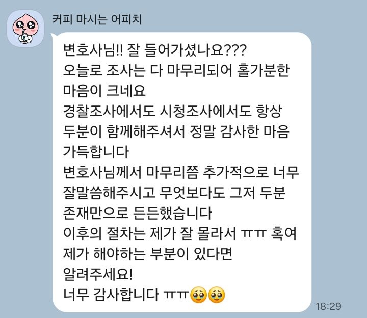 아동학대 신고 대응 의뢰인이 보내주신 감사 메시지 캡처
